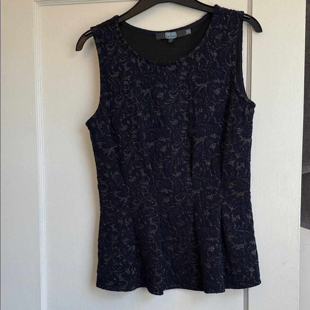 Eva Franco Navy Tank with Gold Metallic Lace Overlay